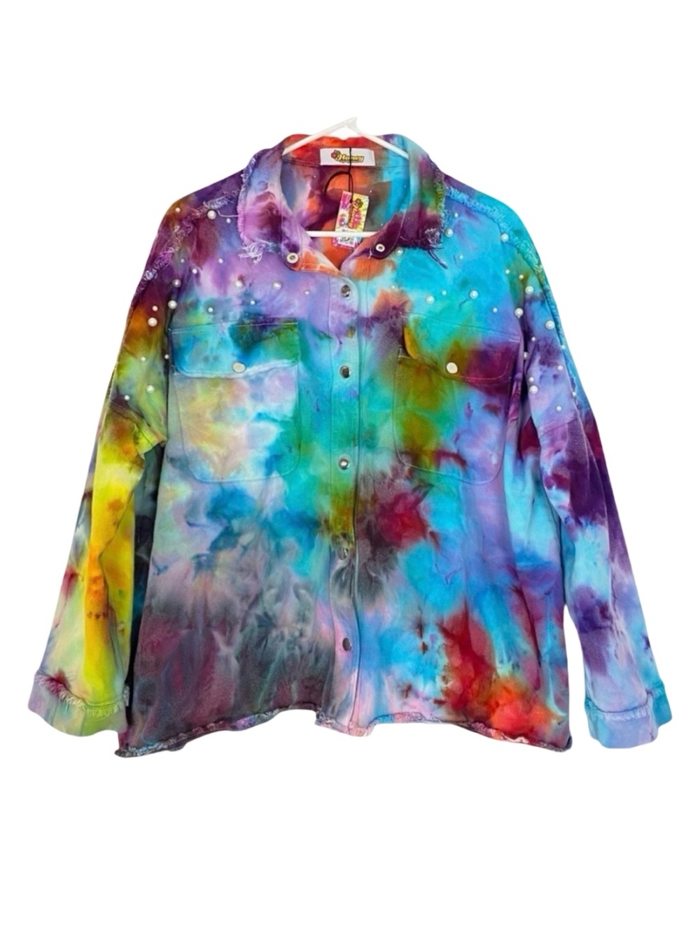 Handmade Tie Dye Jean Jacket Shacket Womens Size Large XL Upcycled Pearl Pockets